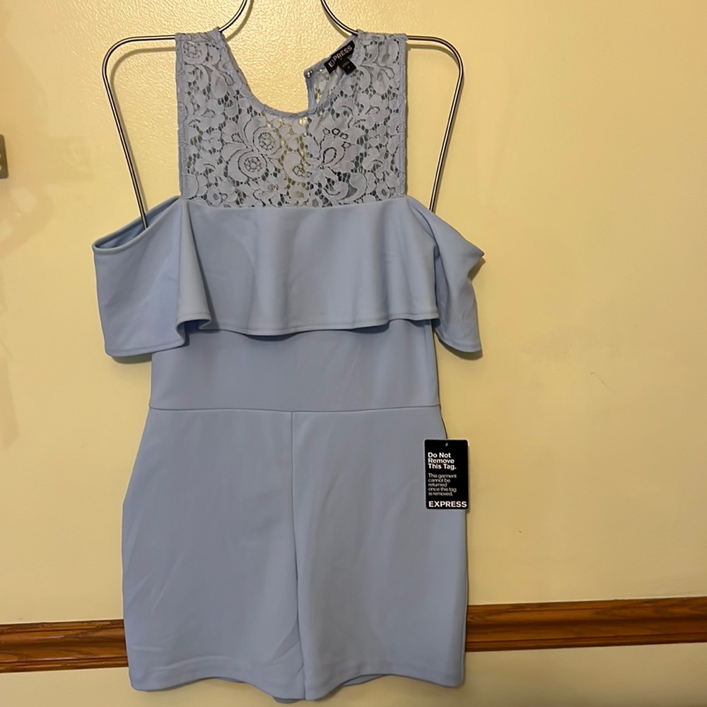 Express romper Light blue. Lace top. Off the shoulder accent. Size: 4. BRAND NEW